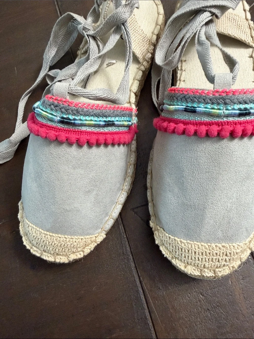 Qupid Light Gray Espadrille Flats with Pink & Aqua Trim